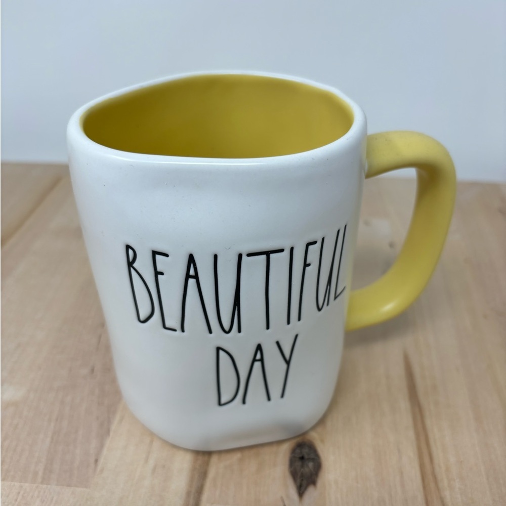 Rae Dunn BEAUTIFUL DAY Mug White with Yellow Interior and Handle Black Lettering